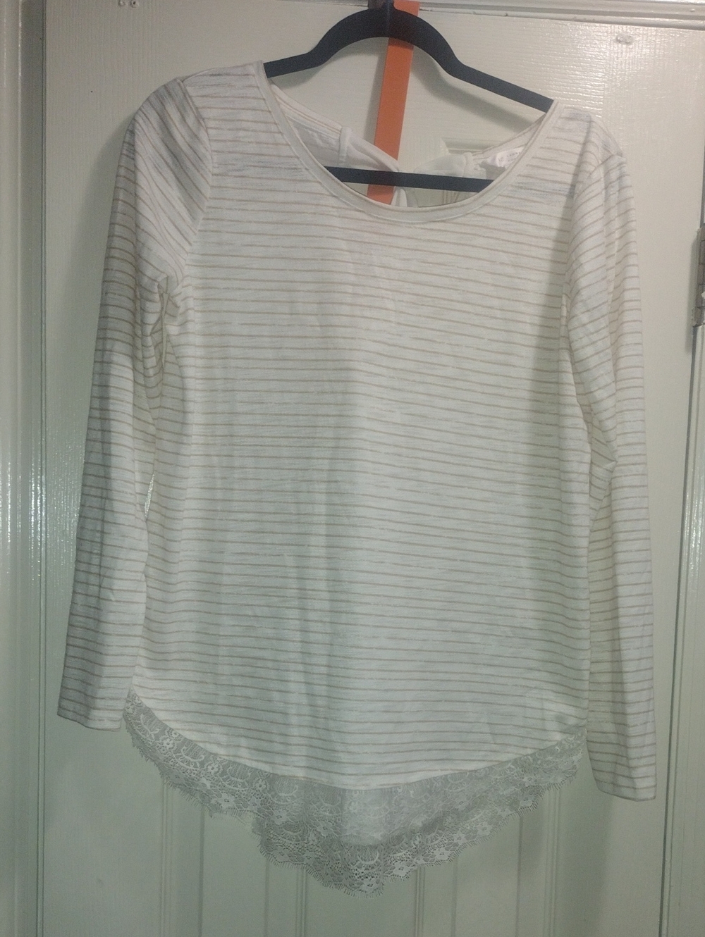 LC Lauren Conrad White Striped Long Sleeve Top with Lace Hem